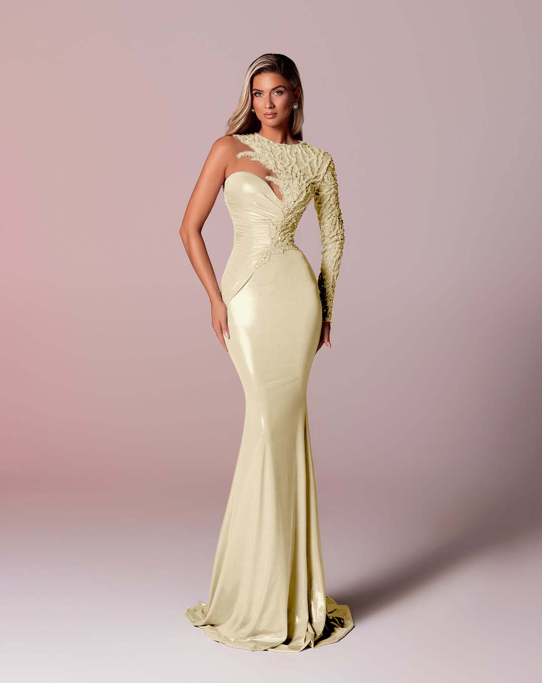 Asymmetric Neckline Single-Sided Long Sleeve Long Mermaid Prom Dress