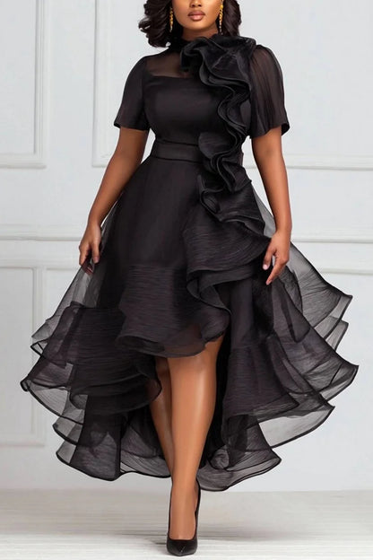 Cocktail Party Black Round Neck Short Sleeve Ruffle Elegant 3D Dress