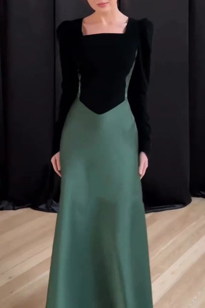 Color Matching Square Neck Patchwork Lace Up Maxi Dresses