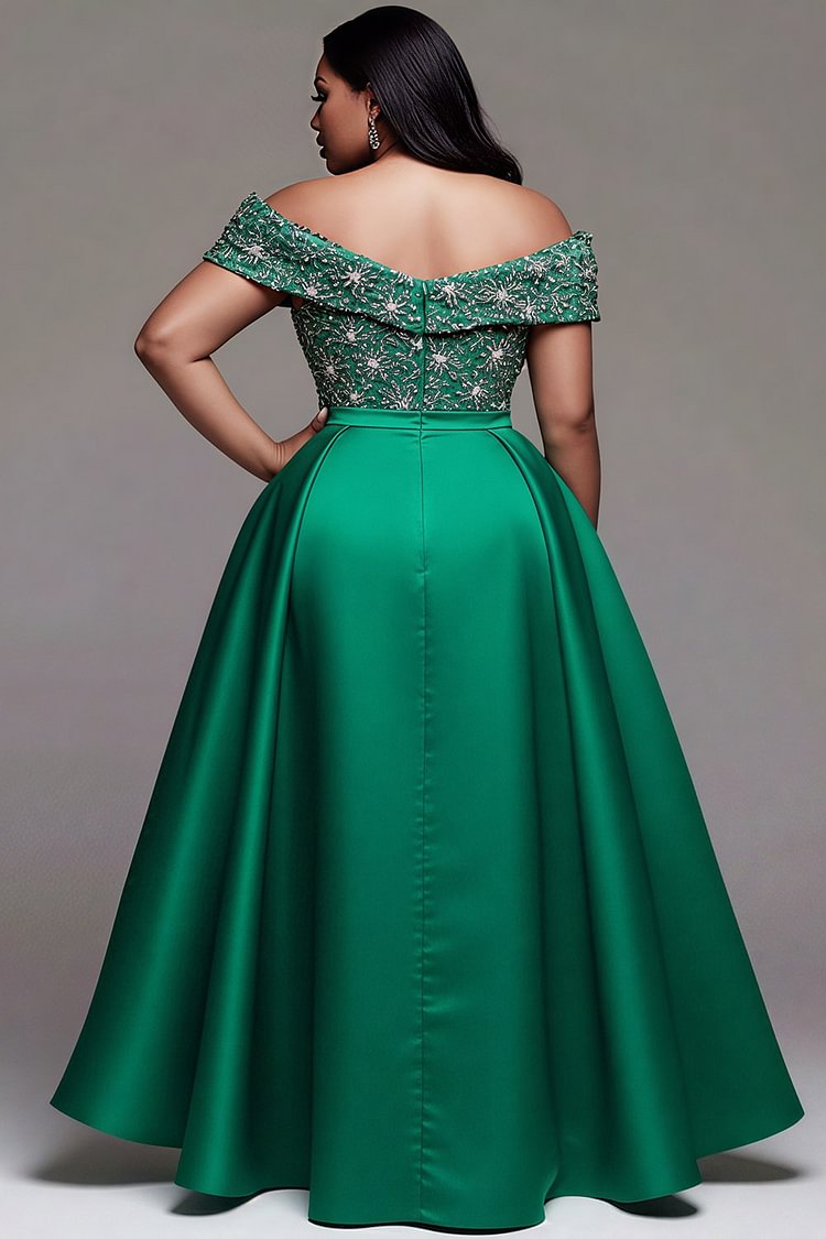 Green Off The Shoulder Short Sleeve Split Elegant Satin Maxi Dress
