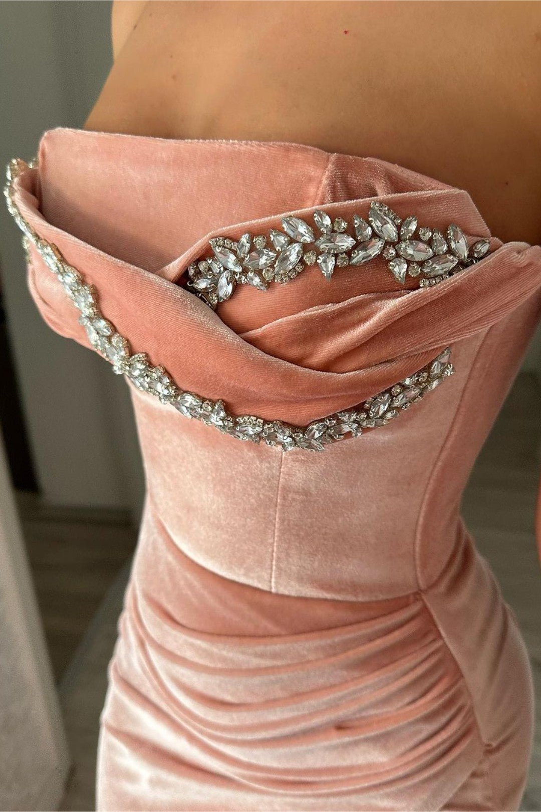 Pink Strapless Prom Dress Sleeveless Pleated Velvet Rhinestones