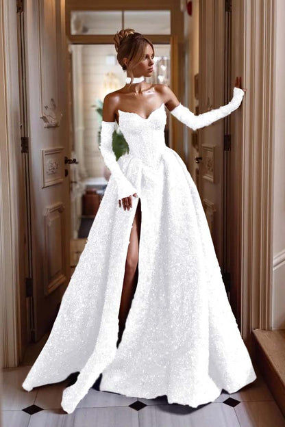 Strapless Sleeveless Long Split Prom Dress With Sequins Detachable sleeves