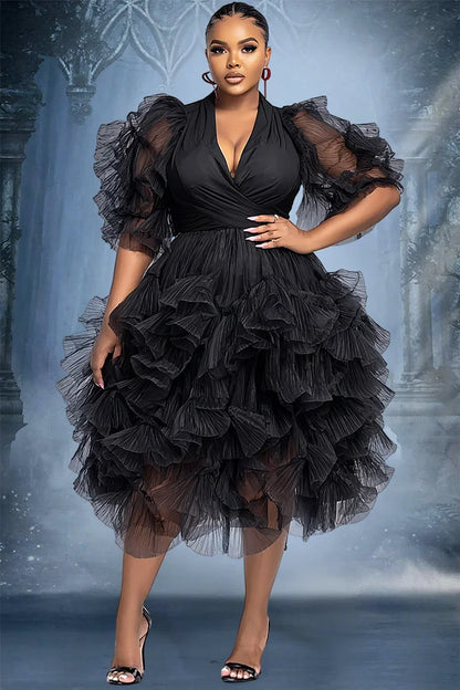 Cocktail Party Black V Neck Puff Sleeve Short Sleeve Tiered Elegant Ruffle Tulle Midi Dresses