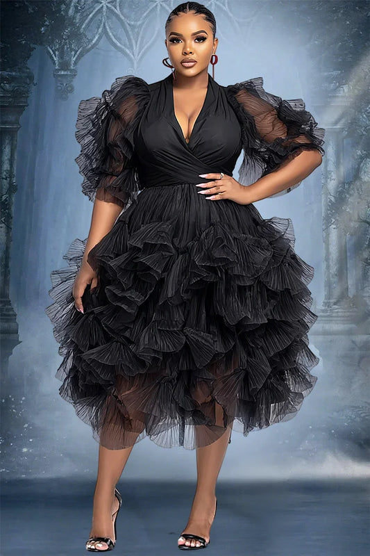 Cocktail Party Black V Neck Puff Sleeve Short Sleeve Tiered Elegant Ruffle Tulle Midi Dresses