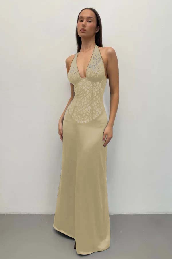 Halter Deep V-Neck Sleeveless Long Mermaid Prom Dress