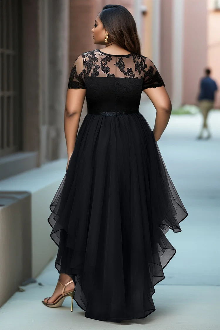 Cocktail Party Black Round Neck Short Sleeve High Low Hem Ruffle Tulle Mini Dress