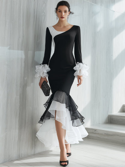 Black And White Asymmetric Ruffle Hem Gown