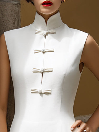 Elegant Mandarin Collar Sleeveless Midi Dress With Knot Button Detail