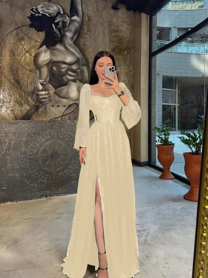 Lantern Long Sleeves Long A-Line Pleated Prom Dress With Split And Corset