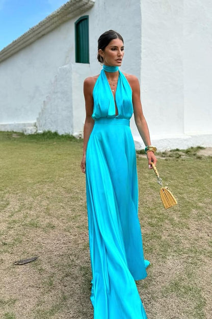 Charming Sleeveless Halter V Neck Long Prom Dress With Pleated