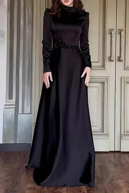 Mock Neck Long Sleeve Flower Patchwork Party Maxi Dresses-Black