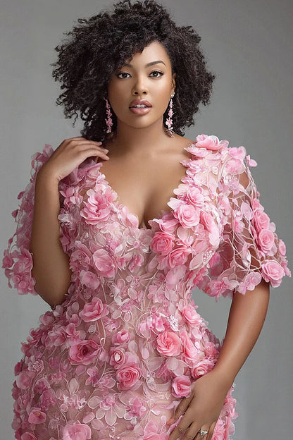 Formal Pink V Neck Short Sleeve 3D Elegant Mermaid Maxi Dress