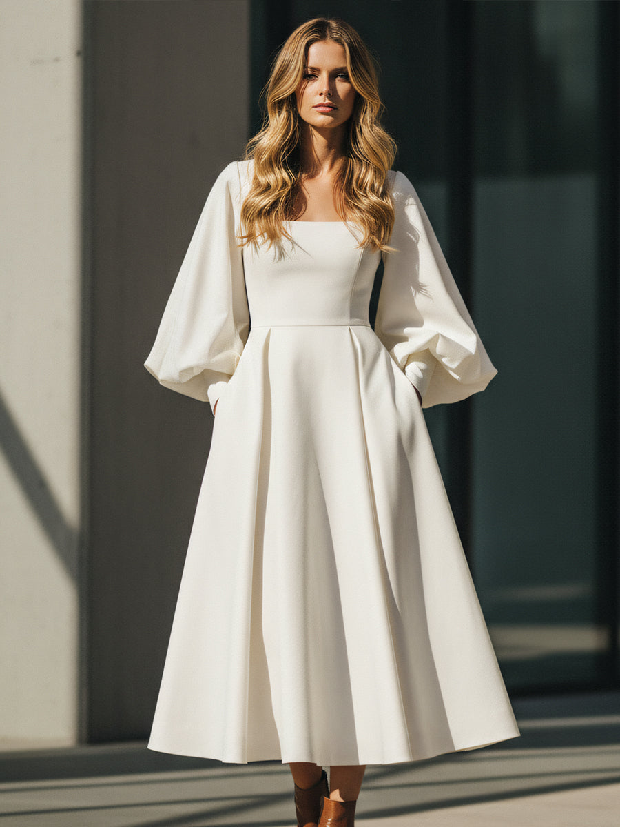 Ivory Sculpted Midi Dress With Balloon Sleeves