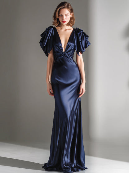Draped Flutter-Sleeve Plunge Neck Evening Gown