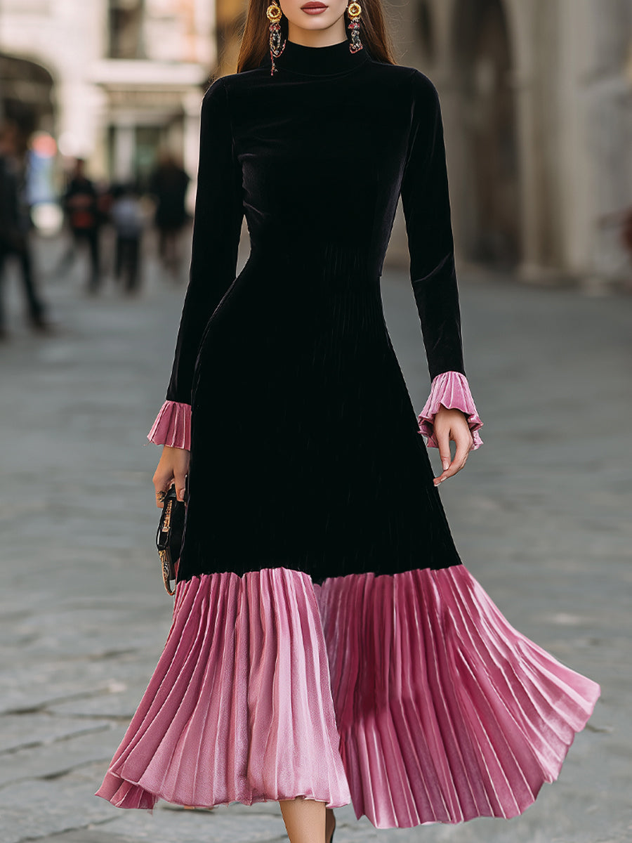 Elegant Black And Pink Velvet Pleated Midi Dress