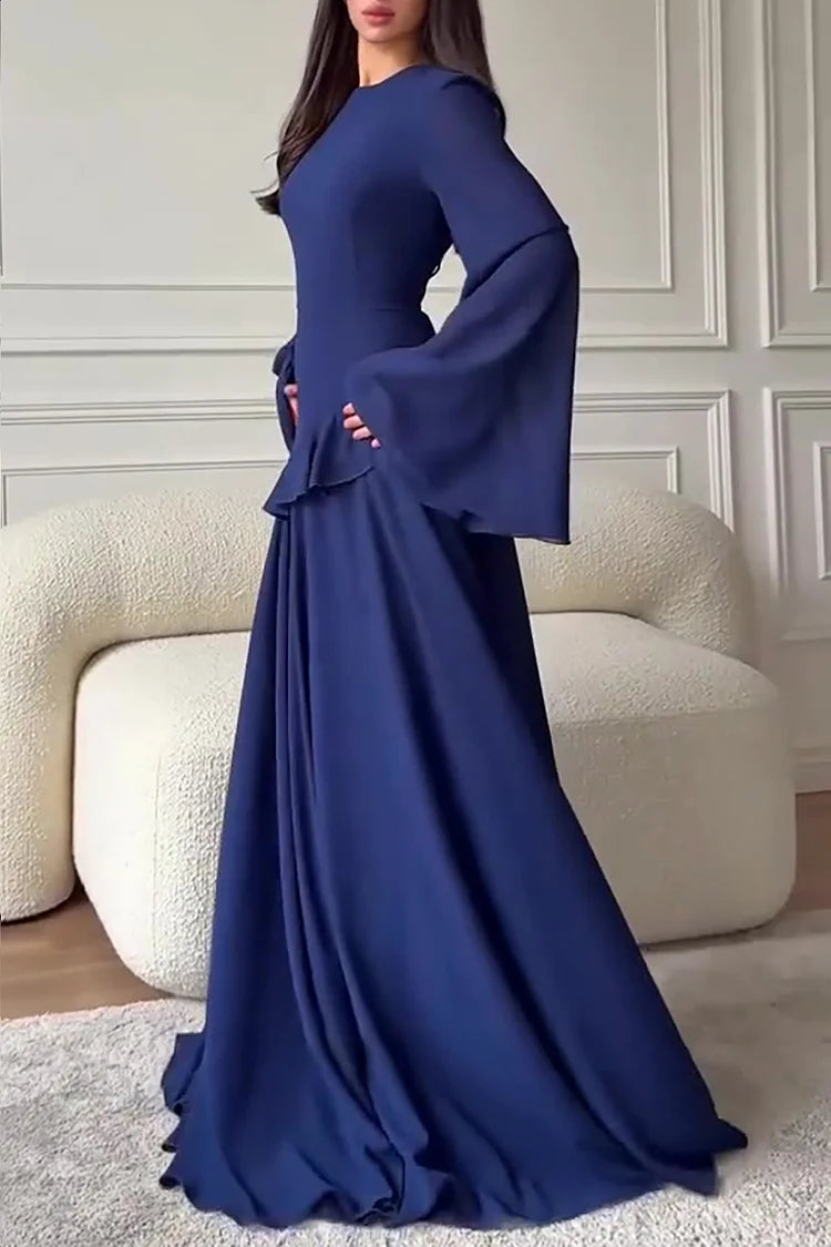 Round Neck Flare Sleeve Ruffled Solid Color Maxi Dresses