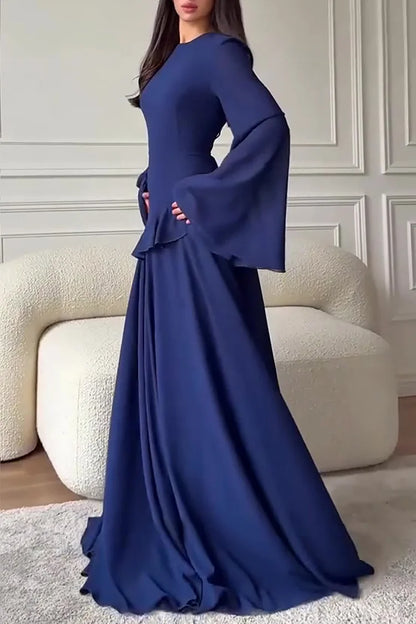 Round Neck Flare Sleeve Ruffled Solid Color Maxi Dresses