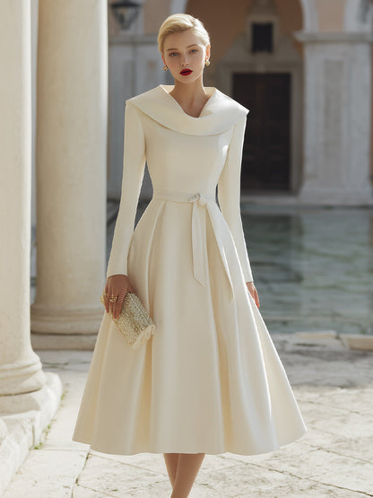 Ivory Bow Belted Midi Dress With Wide Collar