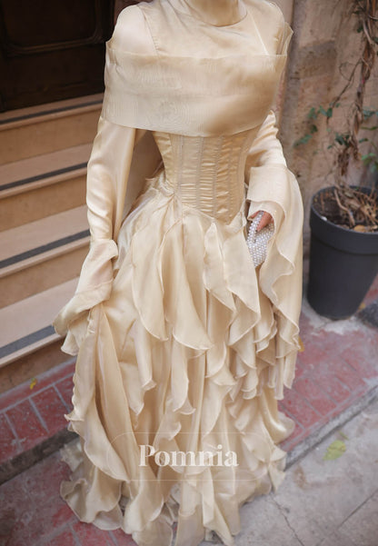 Simple Long Sleeves Scoop Ruffles A-Line Evening Dress