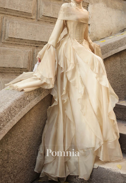 Simple Long Sleeves Scoop Ruffles A-Line Evening Dress