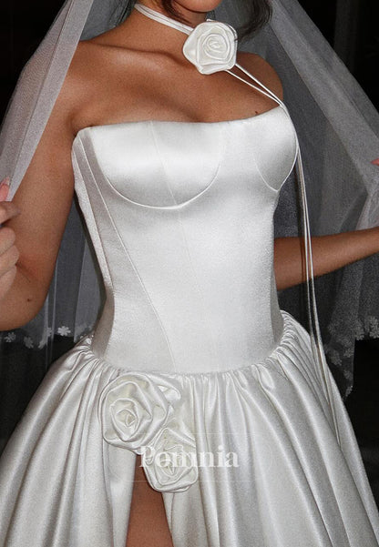 Simple Sleeveeless Strapless Slit Empire-Waist Wedding Dress