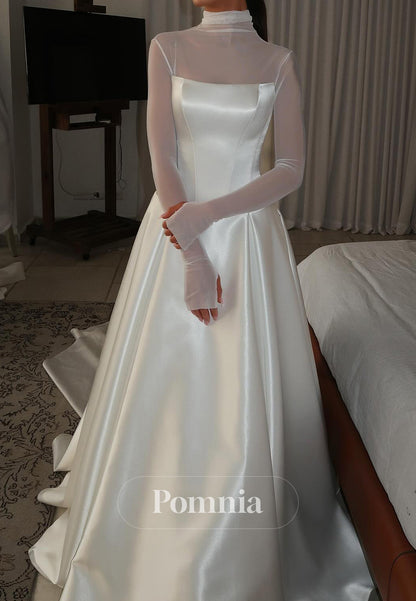 High Neck Long Sleeves A-Line Empire-Waist Wedding Dress