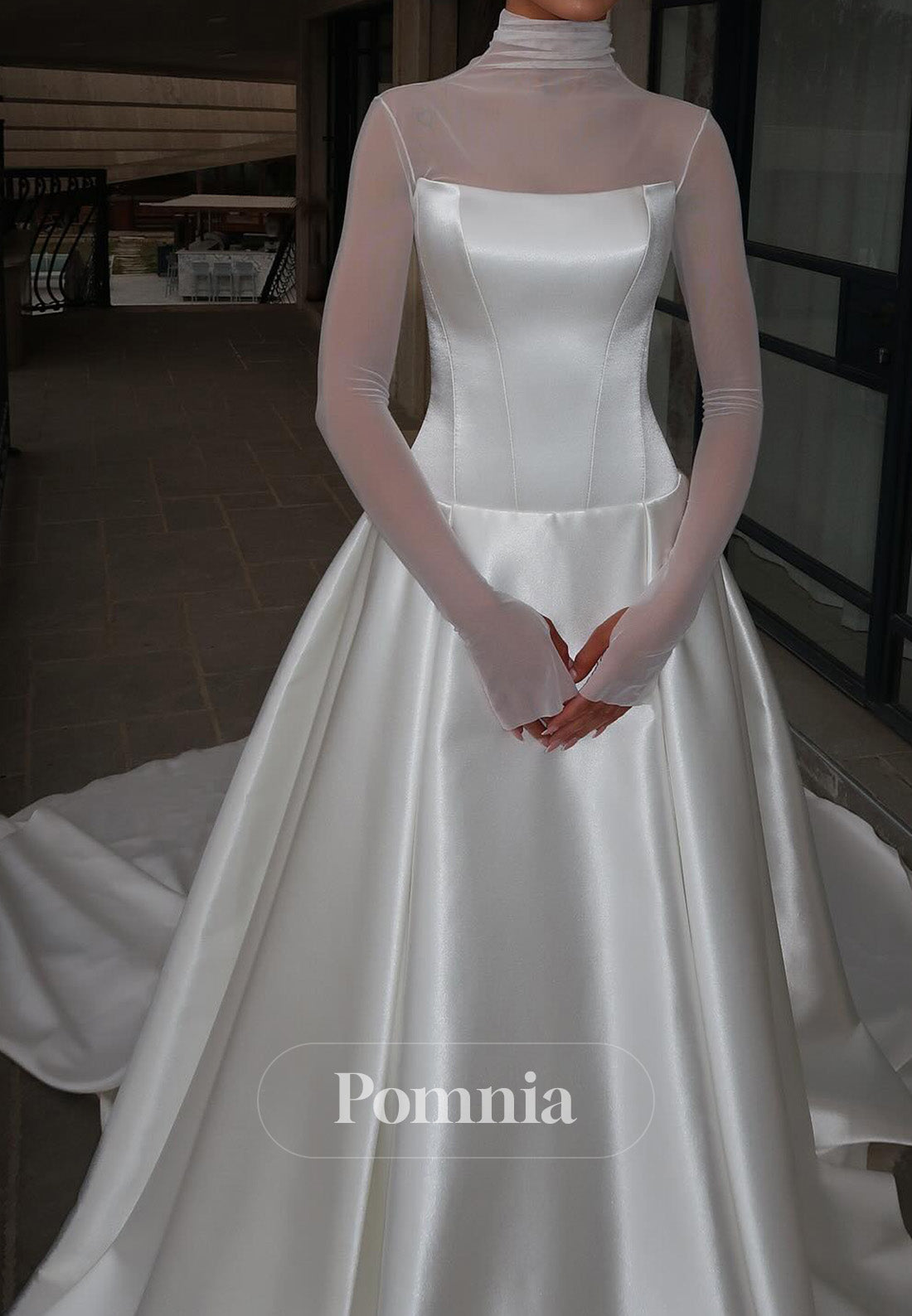 High Neck Long Sleeves A-Line Empire-Waist Wedding Dress