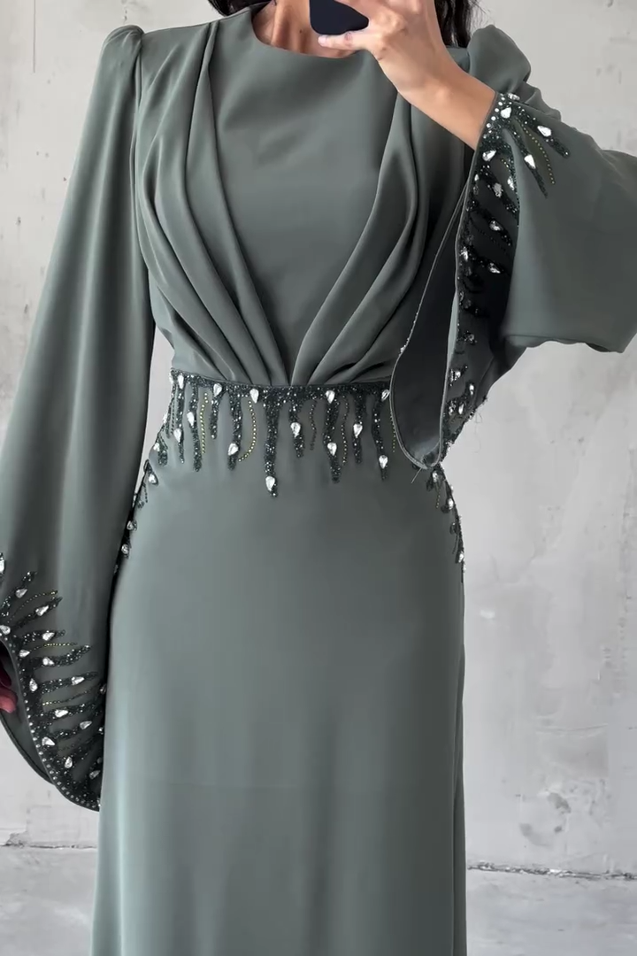 Hot Drilling Irregular Sleeve Pleated Party Maxi Dresses-Blue