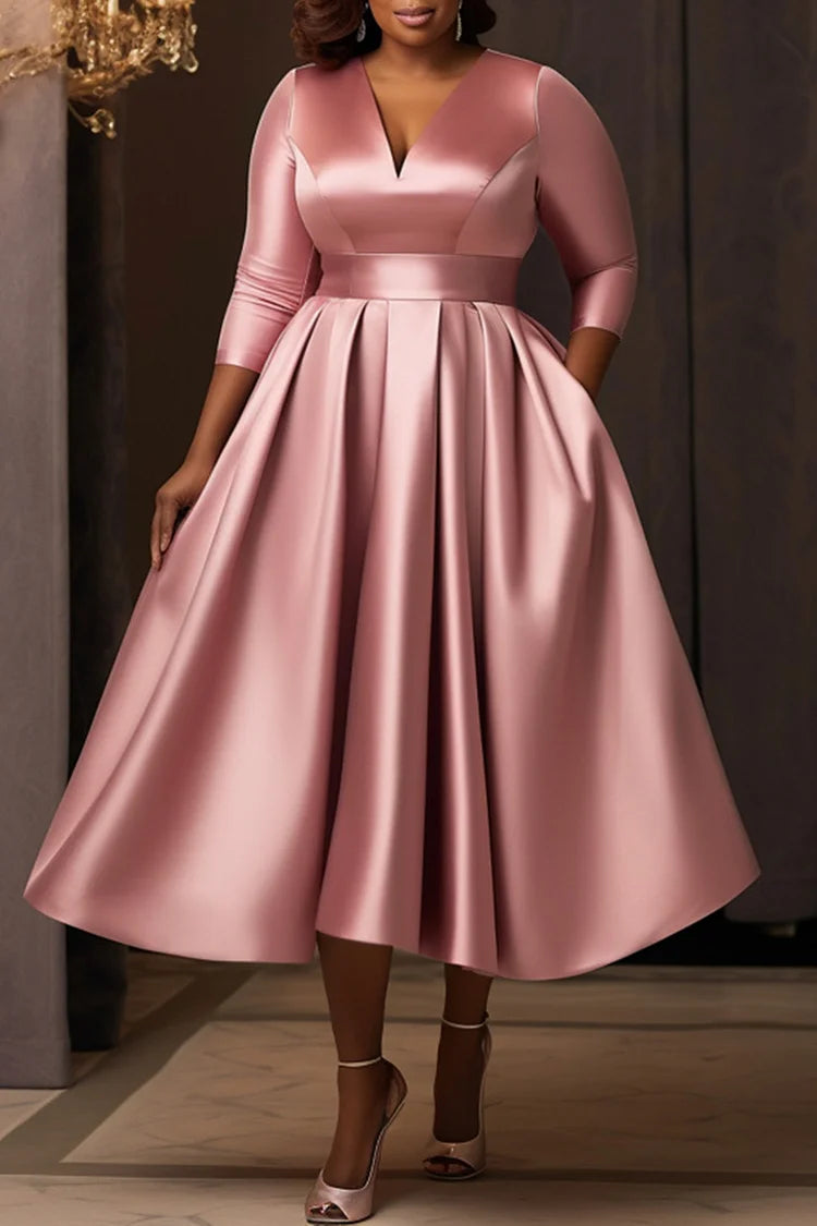 Pink V Neck 3/4 Sleeve Pocket Satin Midi Dresses