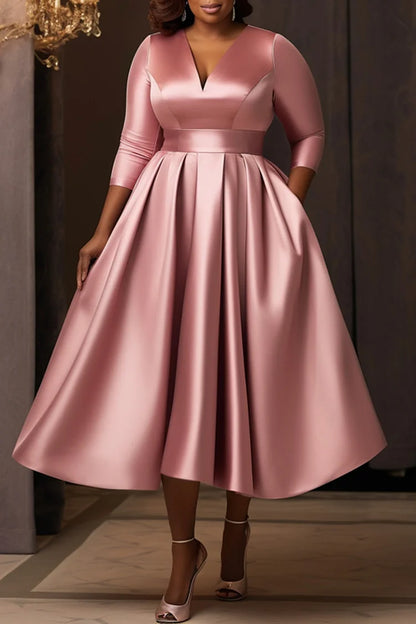 Pink V Neck 3/4 Sleeve Pocket Satin Midi Dresses
