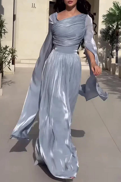 Ruched Irregular Neck Slit Long Sleeve Lace Up Cinch Waist Party Maxi Dresses