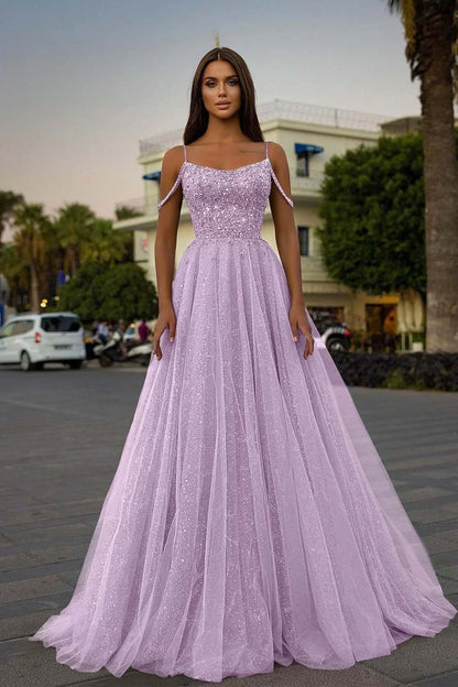 Tulle A-Line Long Spaghetti-Straps Prom Dress With Sequins Beads