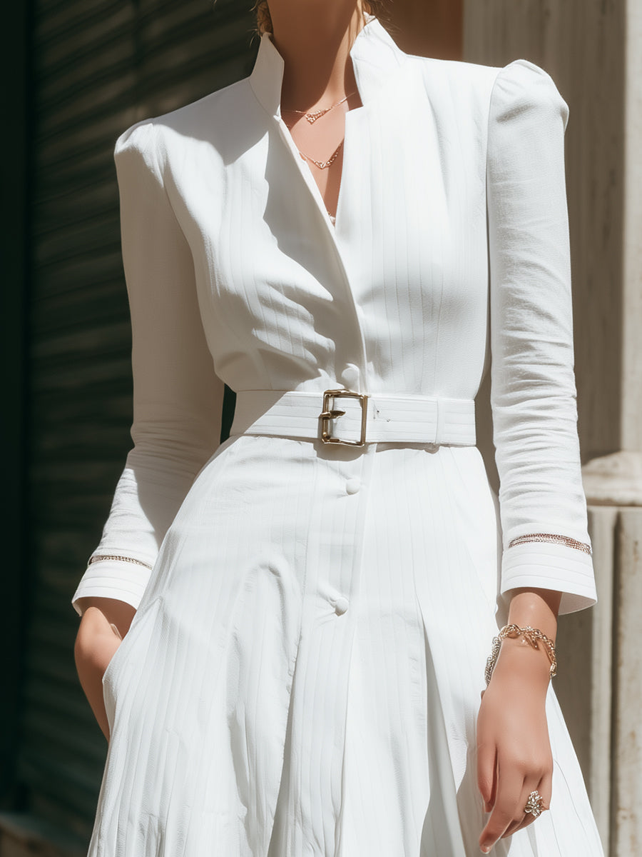 Elegant White Pleated Shirt Dress with Belt