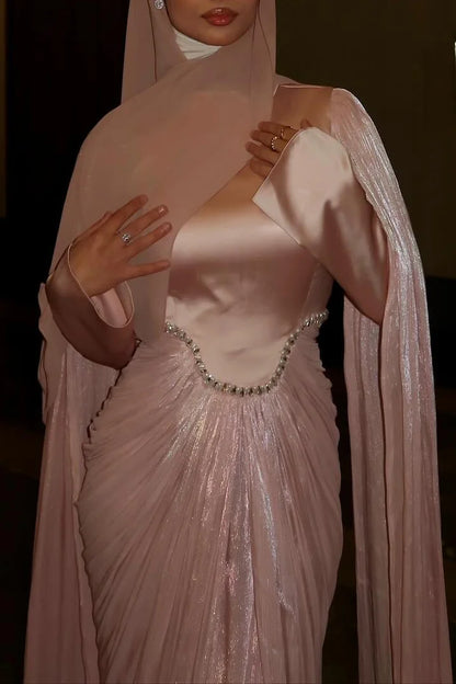 Rhinestone Cape Sleeve Ruched High Neck Party Maxi Dress