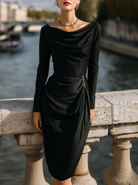 Noir Draped Button-Detail Midi Dress