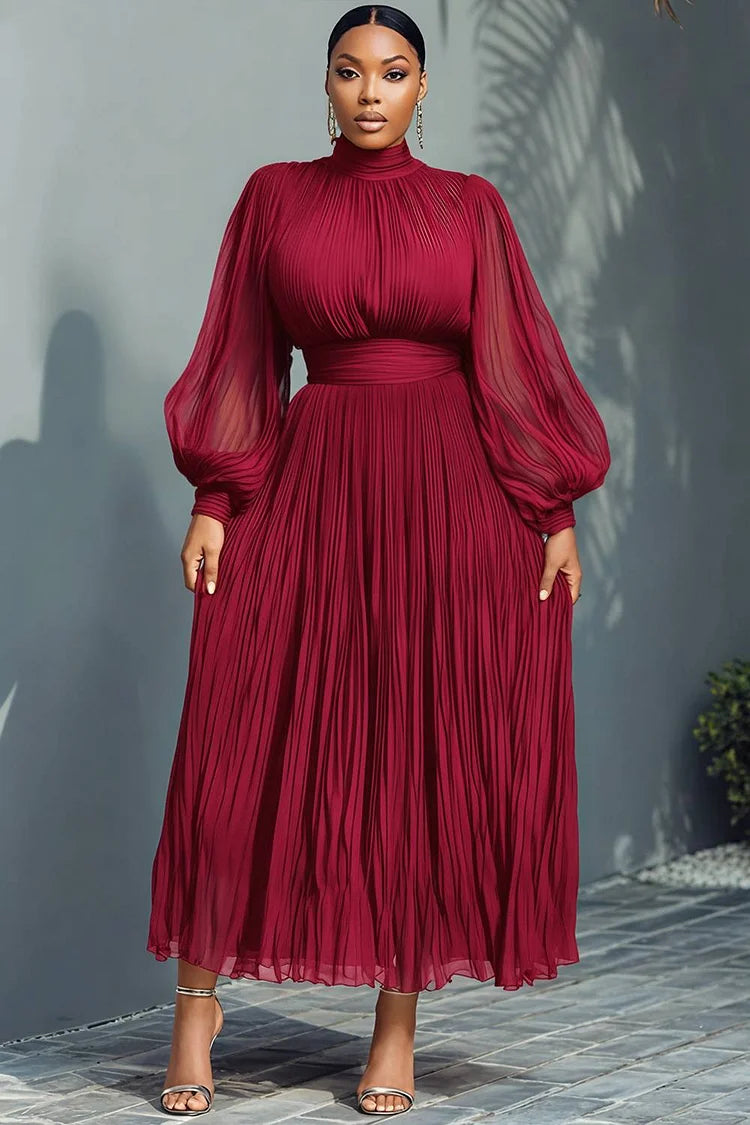 Mock Neck Lantern Sleeve Long Sleeve See Through Elegant Ruffled Midi Dress