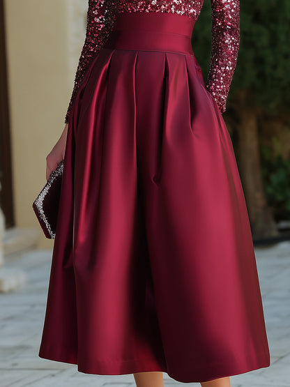 Sequin Bodice Midi Dress With Structured Waist
