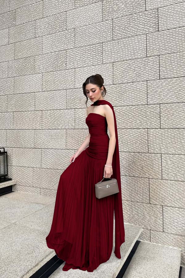 Chiffon Strapless Sleeveless Long Pleated A-Line Prom Dress With Ruffles