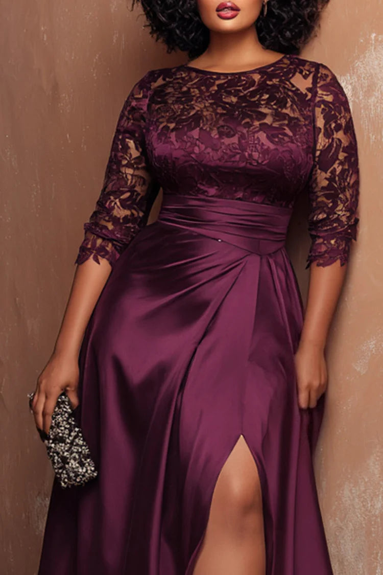 Formal Purple Round Neck Half Sleeve Split Lace Satin Maxi Dress