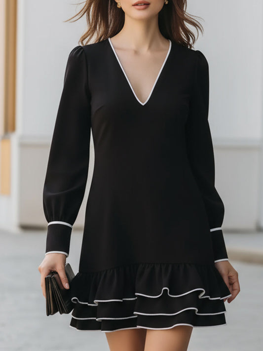 Black Contrast-Trim V-Neck Ruffle Dress: A Fusion Of Chic Minimalism And Playful Femininity
