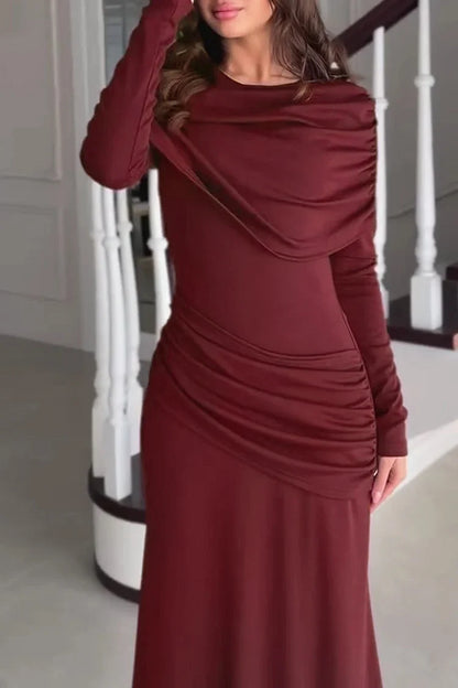 Patchwork Round Neck Long Sleeve Ruched Slim Fit Maxi Dresses