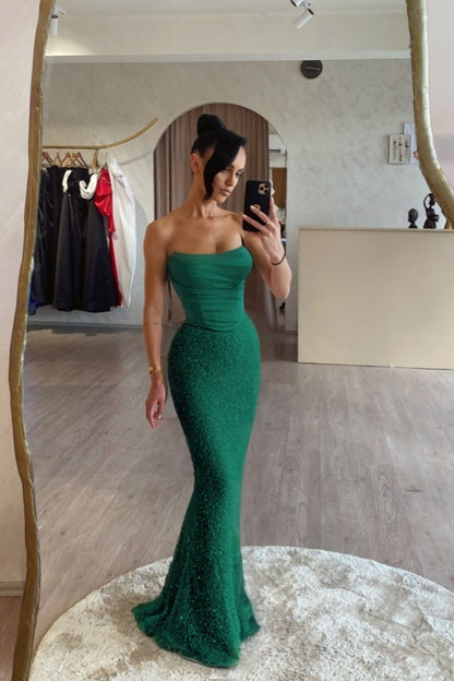 Strapless Sleeveless Long Mermaid Prom Dress With Sequin Pleated