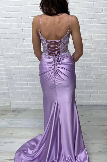 Cute Mermaid V Neck Lavender Satin Prom Dress with Appliques