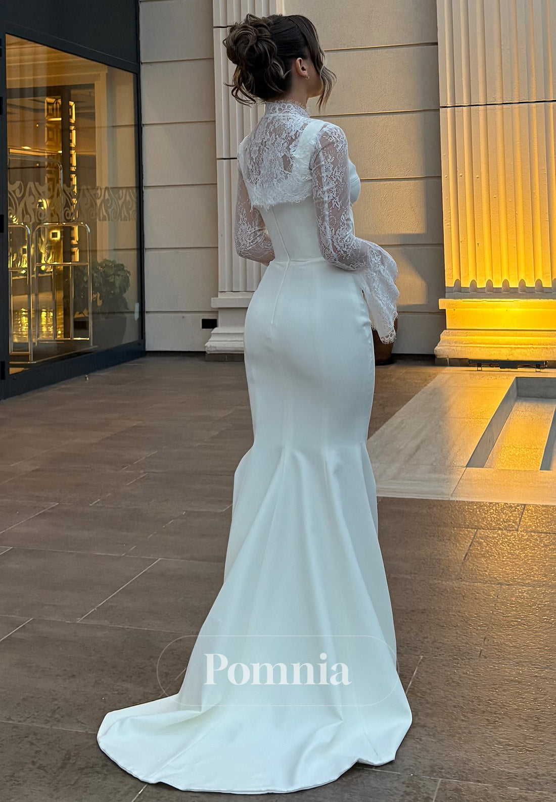 A-Line Long Sleeves High Neck Ruched Corset Wedding Dress