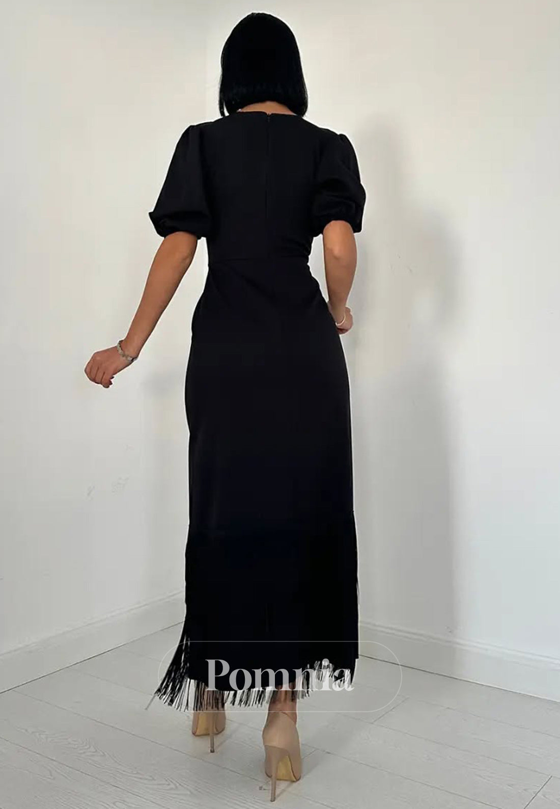 A-Line Short Sleeves Scoop Slit Semi-Formal Dress