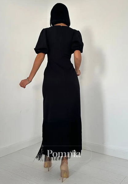 A-Line Short Sleeves Scoop Slit Semi-Formal Dress