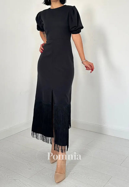 A-Line Short Sleeves Scoop Slit Semi-Formal Dress