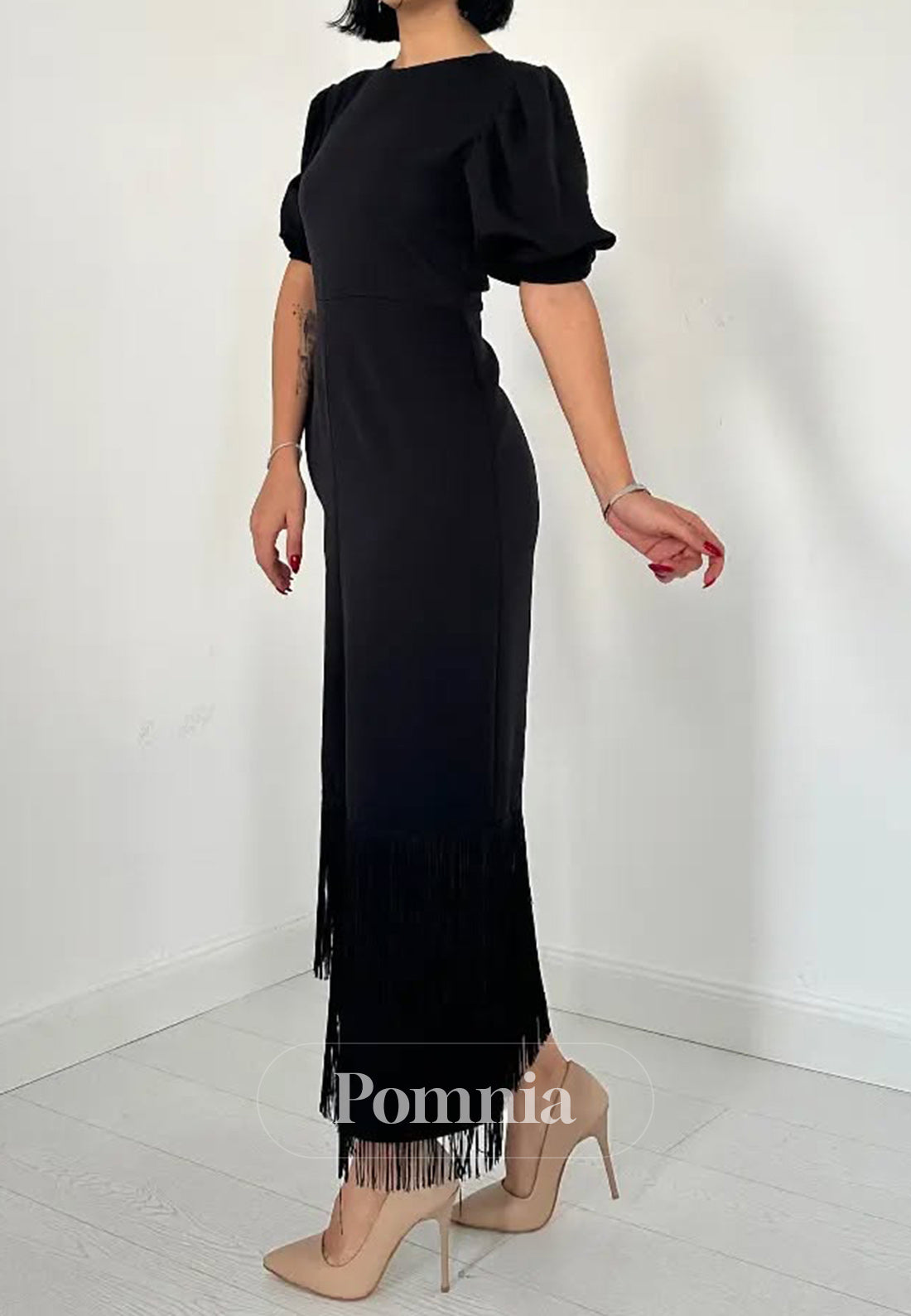 A-Line Short Sleeves Scoop Slit Semi-Formal Dress