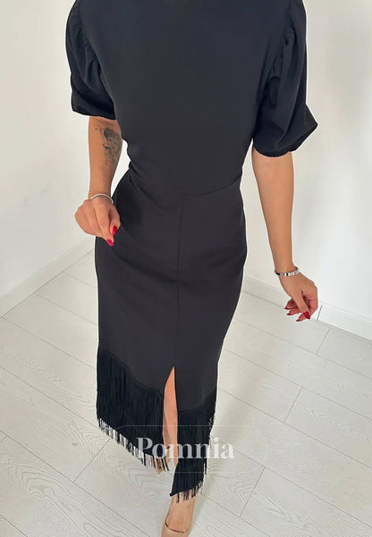 A-Line Short Sleeves Scoop Slit Semi-Formal Dress