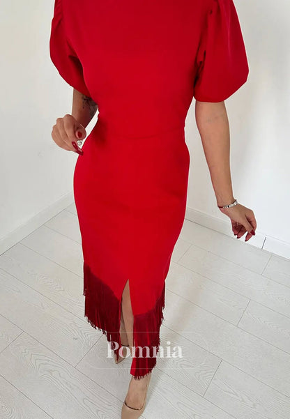 A-Line Short Sleeves Scoop Slit Semi-Formal Dress